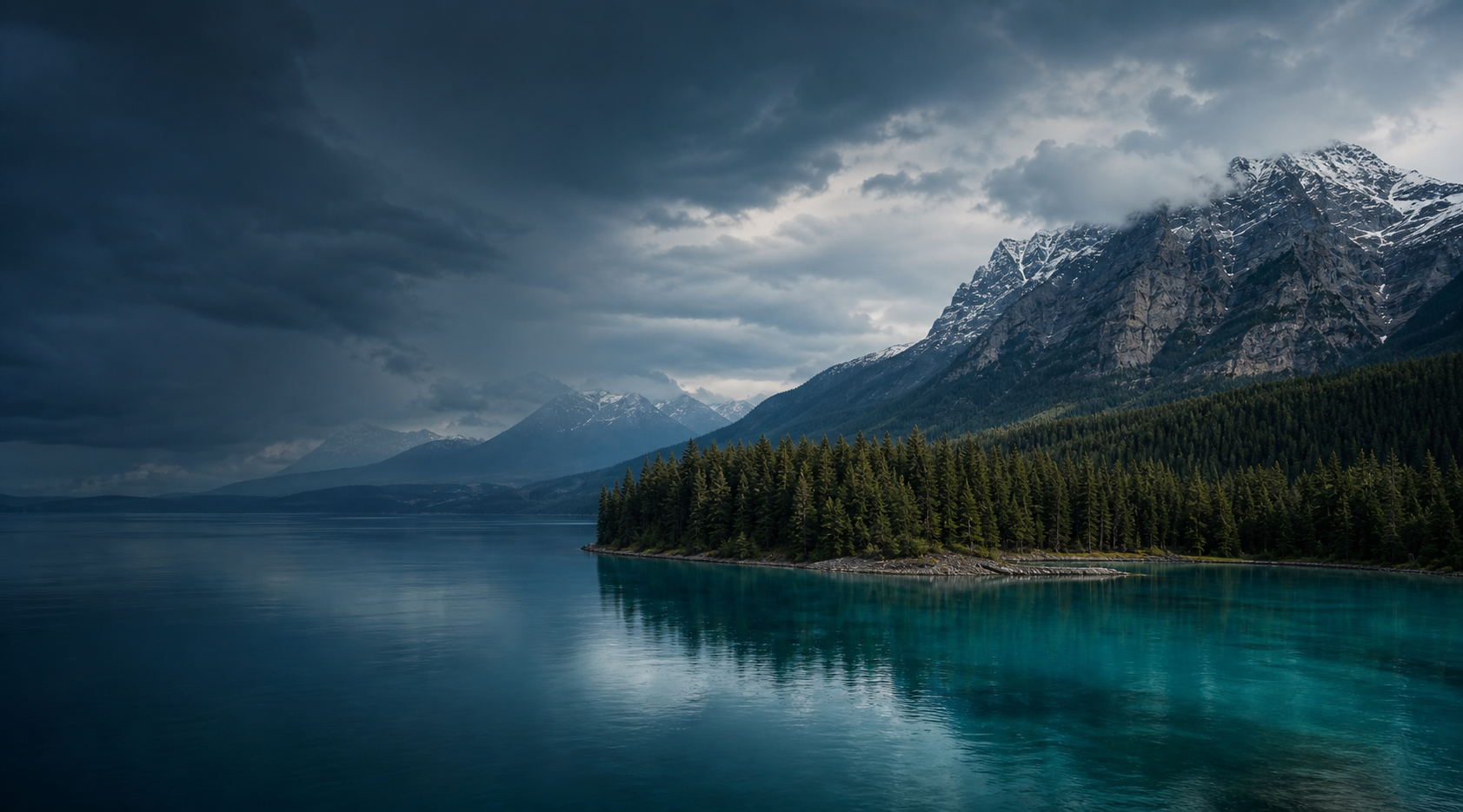 A mountain lake surrounded by evergreen forest and snow-dusted Canadian peaks